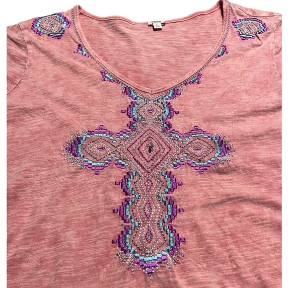 Reba Coral Red and Pink Embellished Short Sleeve Tee - Picture 1 of 4